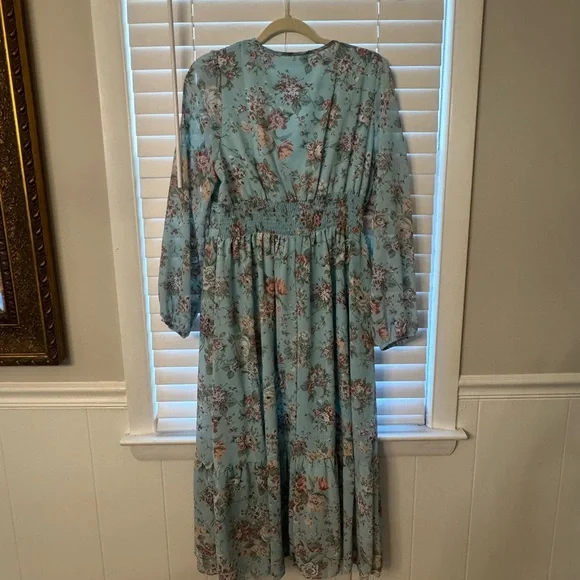 Floral V-Neck Blue Dress - Picture 4 of 4